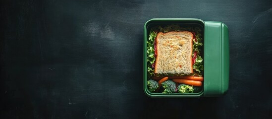 Green lunch box containing a sandwich, broccoli, and carrot on a dark chalkboard background, top view, promoting healthy eating habits in a flat lay style.