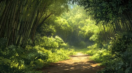 Obraz premium A single dirt path winding through a dense bamboo forest, leading the viewer into a peaceful natural setting.