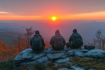 Three hikers sit on a rocky outcrop, gazing at a breathtaking sunset over distant mountains. The landscape is filled with vibrant autumn colors, creating a peaceful moment in nature.