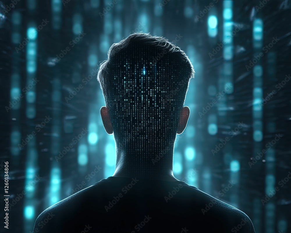 Aufkleber hacker engaged in dark room surrounded by holographic code tech hub digital cyber environment rear v