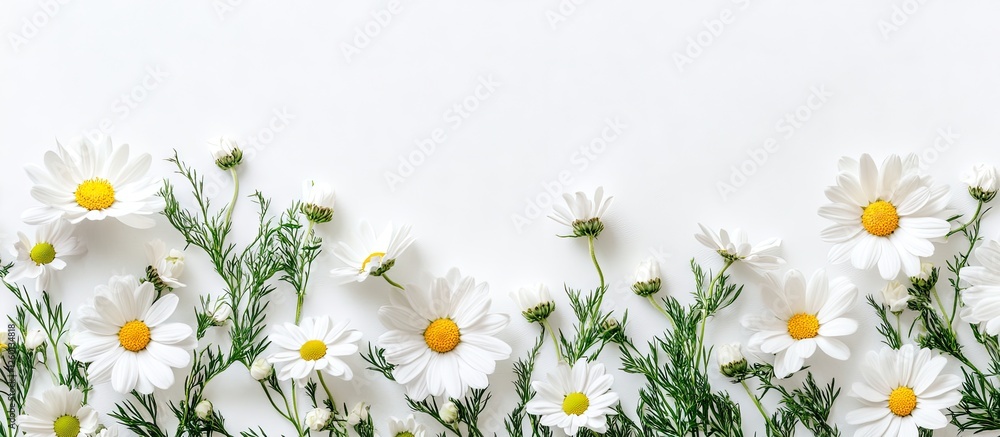 Poster Bright white daisies with yellow centers form a lush border on a soft white background creating a fresh and elegant design frame.