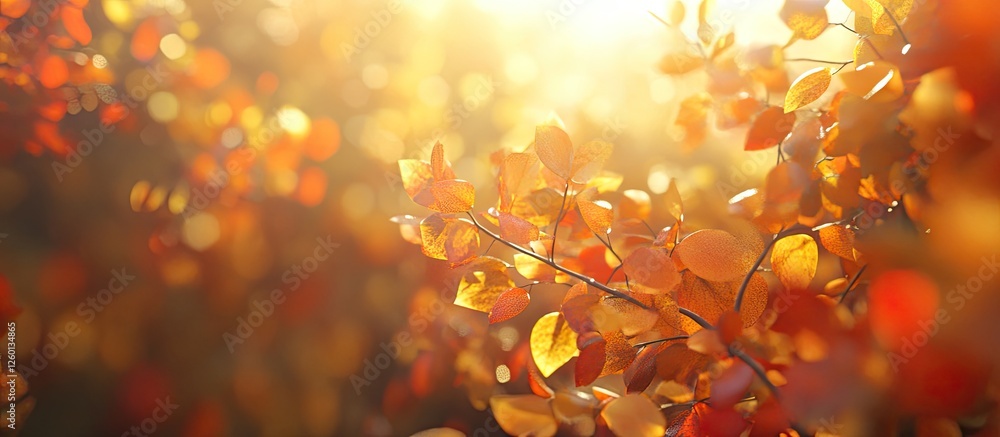 Poster Golden yellow orange and red maple leaves illuminated by sunlight with a blurred background creating a bright warm autumn scene with copy space