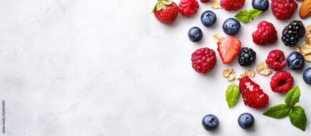 Poster granola bar with berries nuts and oats arranged on a white stone table with scattered raspberries bl