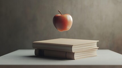 a red apple floating in mid air over a stack of books