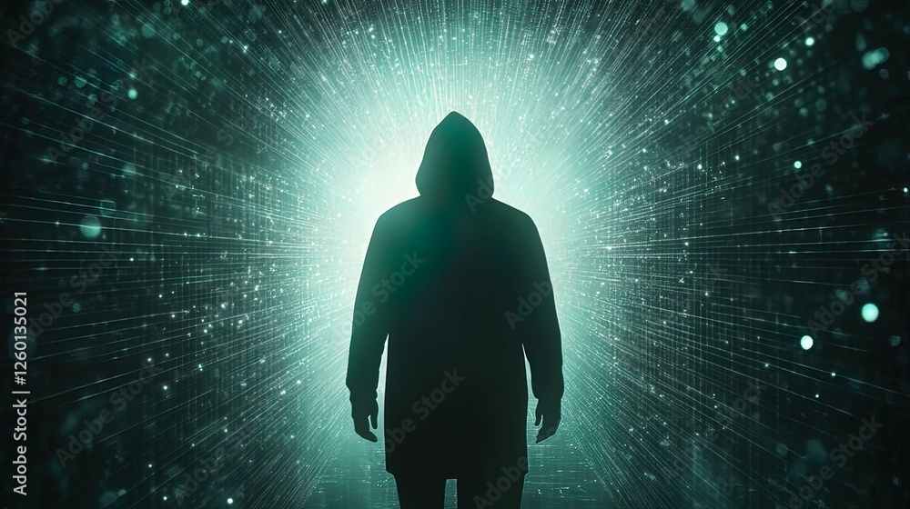 Poster hacker silhouette amidst a glowing grid of firewalls digital landscape concept cybersecurity environ