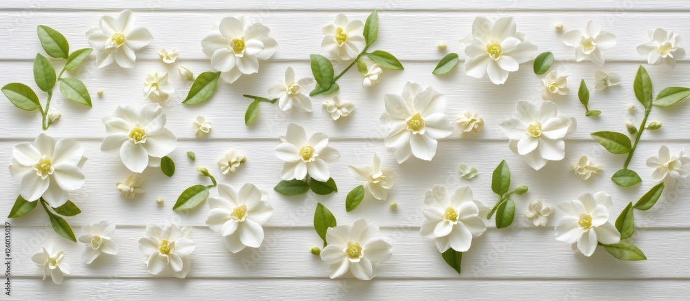 Fototapete Elegant jasmine flowers in white and soft green arranged on a white wooden backdrop creating ample blank space for text and design elements.