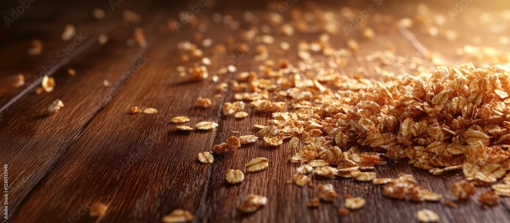 Poster granola scattered on a dark wooden surface with warm sunlight highlights creating a rustic, healthy 