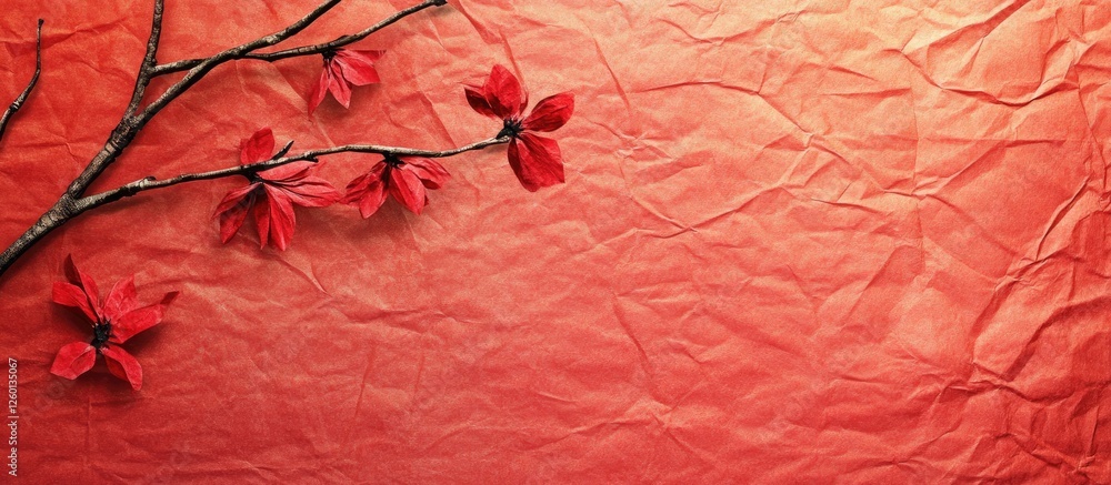 Poster crisp red textured background with vibrant red paper and delicate flower branches positioned in the 
