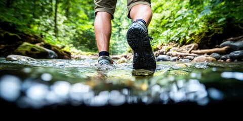 A person walks through shallow water in a lush green forest, showcasing nature and outdoor adventure.
