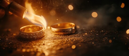 Goldsmith working with a blowtorch to melt gold and silver rings in a dark setting with warm glow and sparks, capturing the craftsmanship of jewelry making