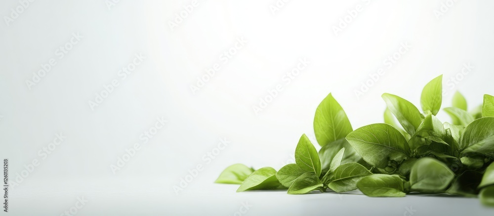 Poster fresh green leaves arranged along the bottom edge on a soft white background with light reflections,