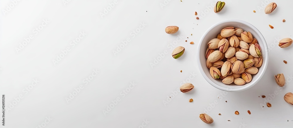 Poster flat lay of unshelled and shelled pistachio nuts in a white bowl centered on a white background with