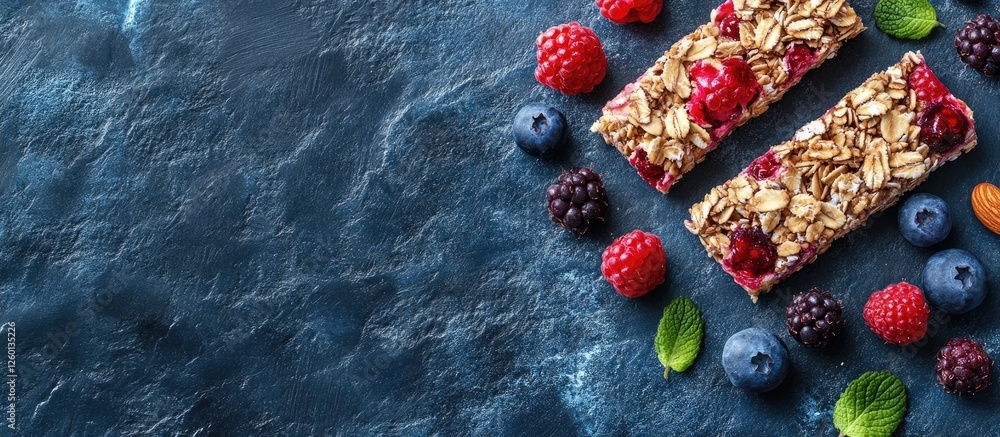 Poster granola bars with nuts and berries on a blue stone background with raspberries blueberries and mint 