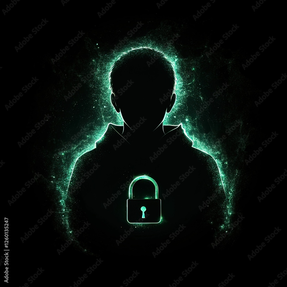 Poster hacker silhouette surrounded by dynamic glowing tools digital workspace graphic design dark environm