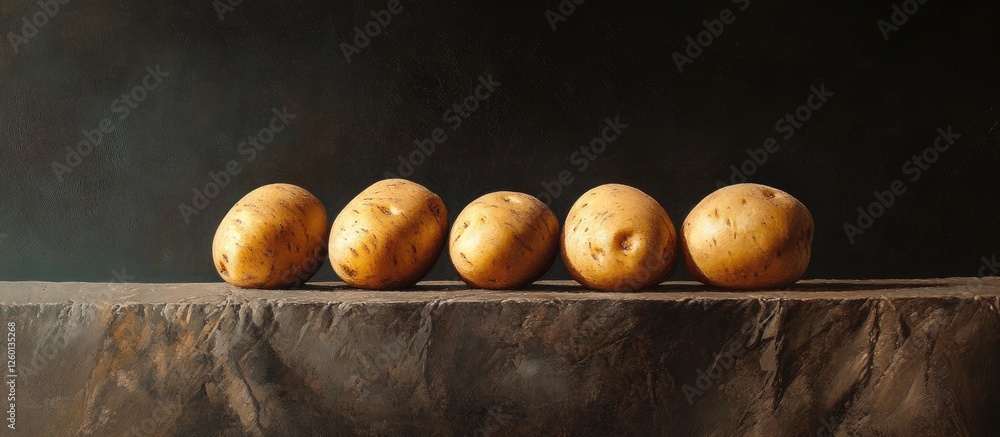 Poster fresh uncooked potatoes arranged in a horizontal line against a dark textured backdrop showcasing th