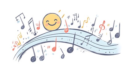 Fototapeta premium Happy face rests on musical staff among floating notes