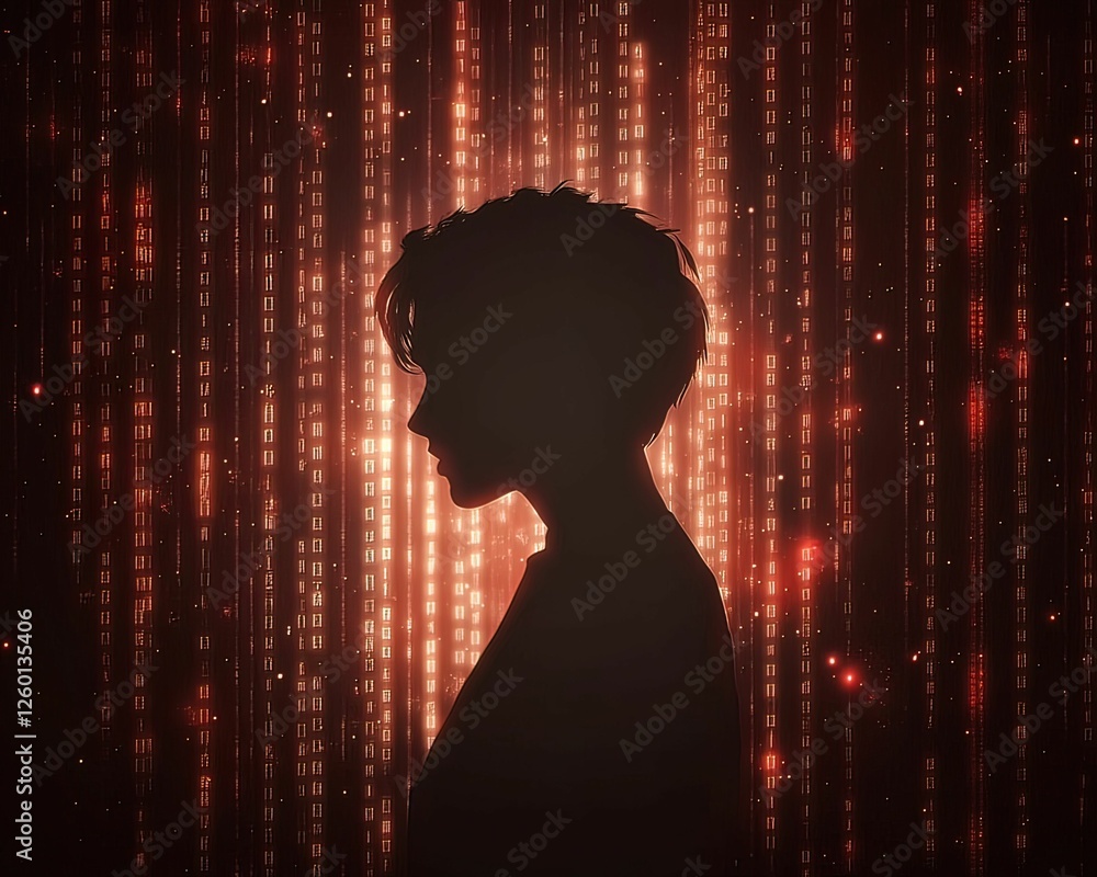 Poster hacker silhouette targeting glowing server cyber realm digital futuristic side view cybersecurity co
