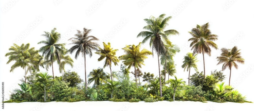 Poster lush tropical trees in varying shades of green and golden brown arranged in a row against a pristine