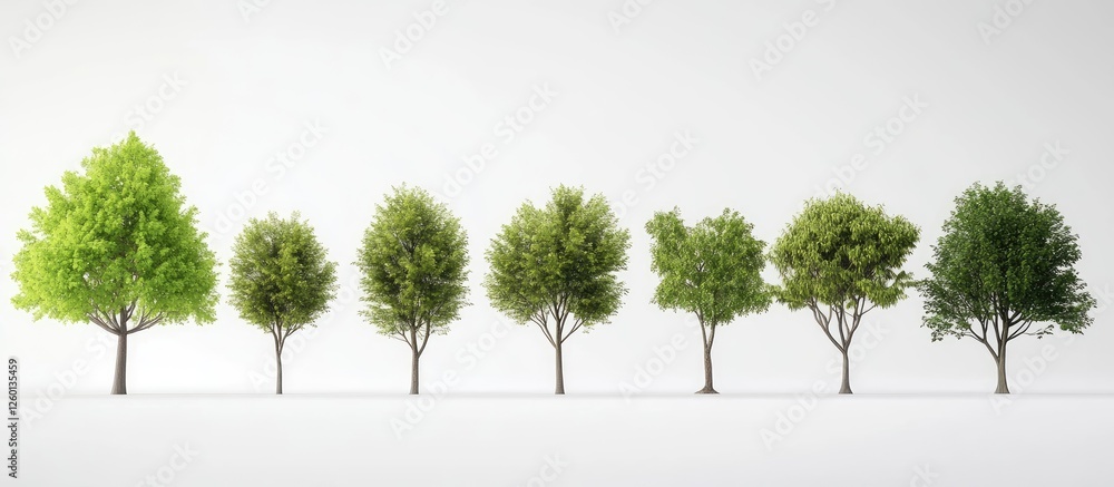 Fototapete Group of seven varied green trees, differing sizes, arranged in a line against a light grey background, ideal for design and architecture use.