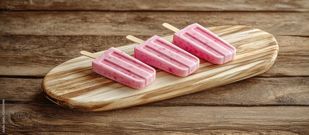 Poster mixed berry yogurt popsicles displayed on a rustic wood paddle board with a warm brown background fe