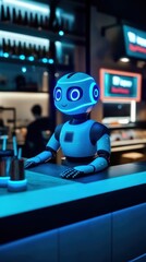 Obraz premium An AI robot sitting at the counter, highlighting AI Agents, Virtual Assistant, Conversational AI, Represents robotic automation in service