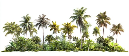 Fototapeta premium Lush tropical trees in varying shades of green and golden brown arranged in a row against a pristine white background ideal for design and advertising
