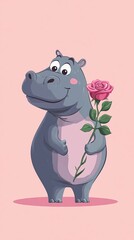 Fototapeta premium cartoon hippo holding a rose