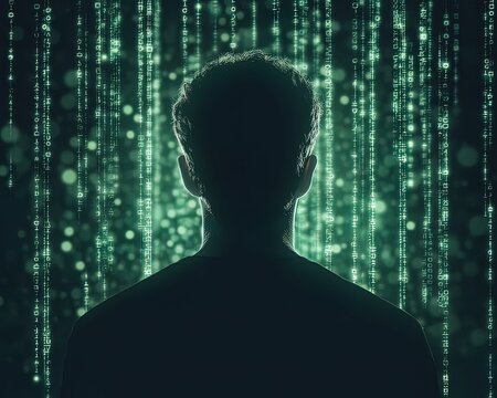 Hacker silhouette targeting a glowing server digital realm visual cybersecurity environment rear view data breach concept