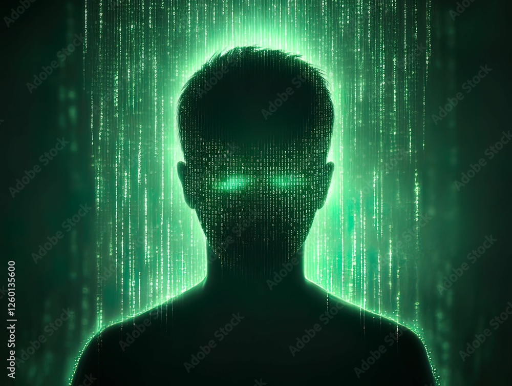 Aufkleber mysterious hacker silhouette with glowing mask in a digital environment tech concept dark viewpoint
