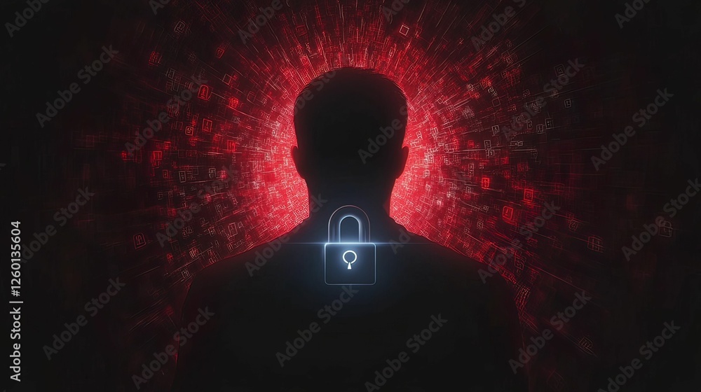 Poster hacker silhouette unlocking glowing padlock digital space graphic abstract environment dark viewpoin