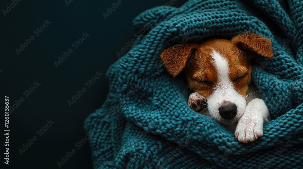 Poster a sleepy puppy curled up in a blanket, surrounded by open space for promotional text or design eleme