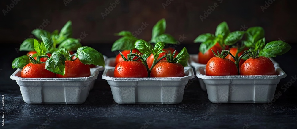 Poster Vibrant red tomatoes and fresh green basil leaves arranged in white containers on a dark background creating an elegant and appetizing display