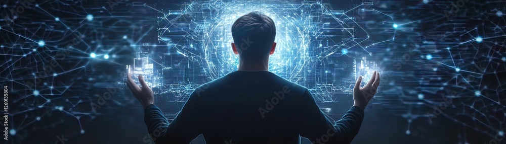 Poster hacker manipulating holographic data displays virtual environment digital futuristic atmosphere rear