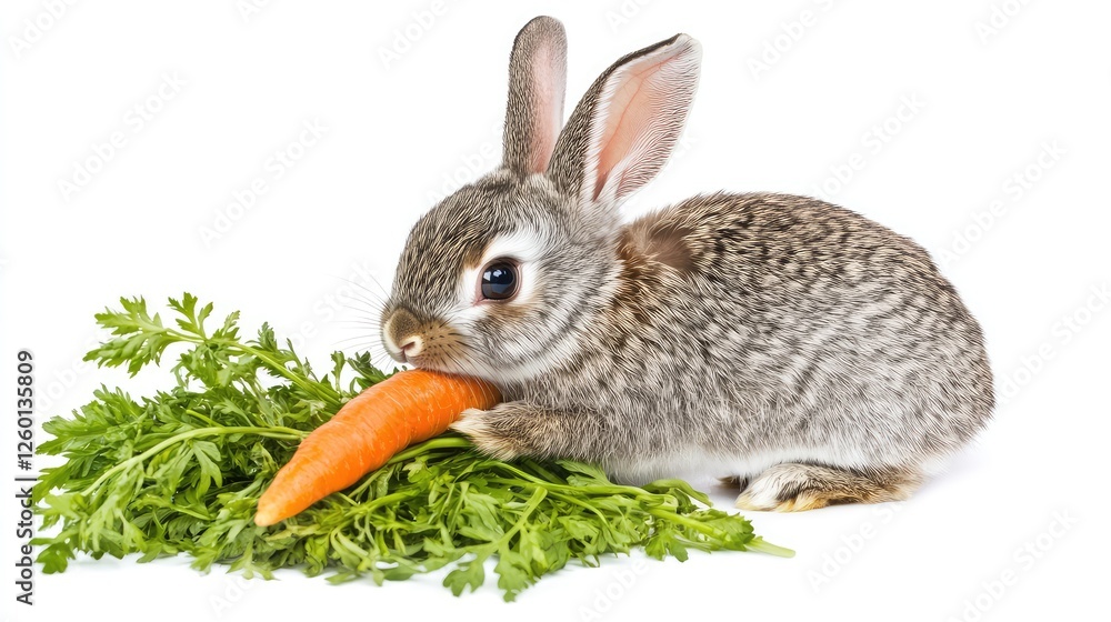 Poster a small rabbit with big ears nibbling on a carrot, leaving enough space for copy or logo placement.