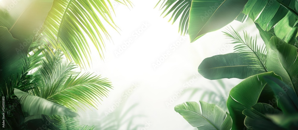 Aufkleber lush green palm leaves frame a bright, hazy background with soft light, creating a tropical, serene 
