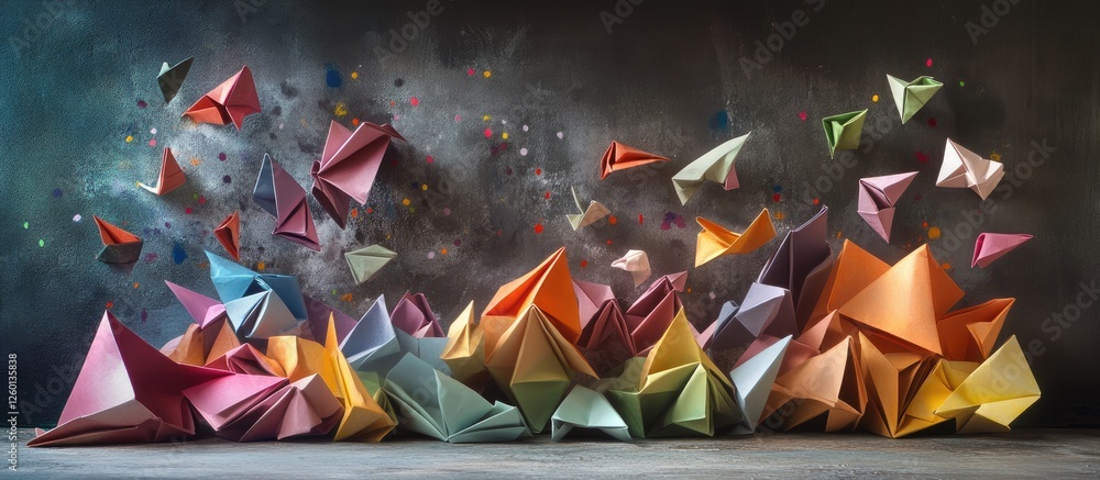 Poster vibrant origami shapes in dynamic formation with multicolored tones against a textured gray backgrou