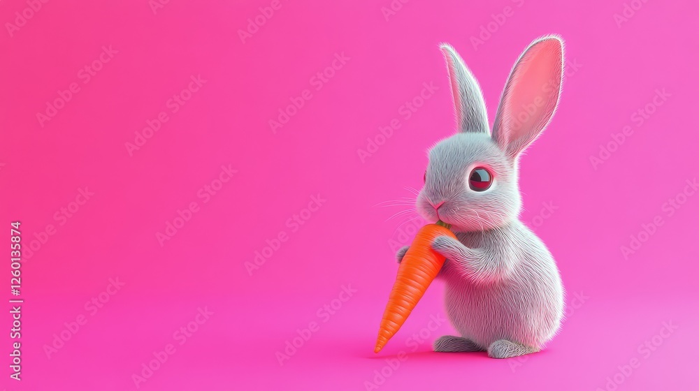 Poster a small rabbit with big ears nibbling on a carrot, leaving enough space for copy or logo placement.
