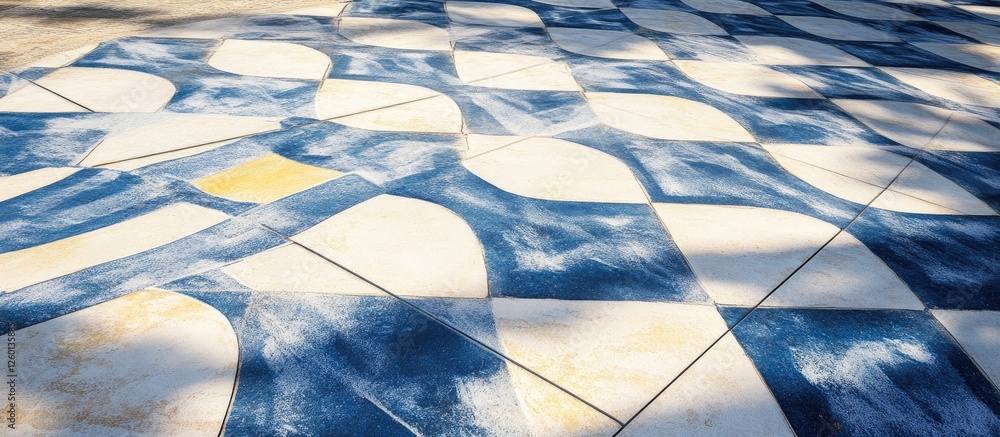 Aufkleber blue and white patterned tiles arranged in a geometric design on a textured cement floor showcasing 