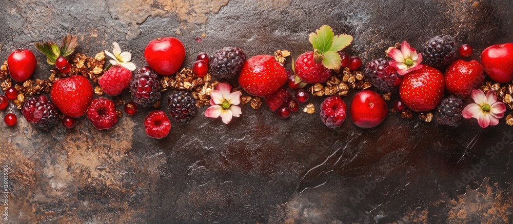 Aufkleber bowl of homemade granola with yogurt and a colorful array of fresh berries including strawberries an