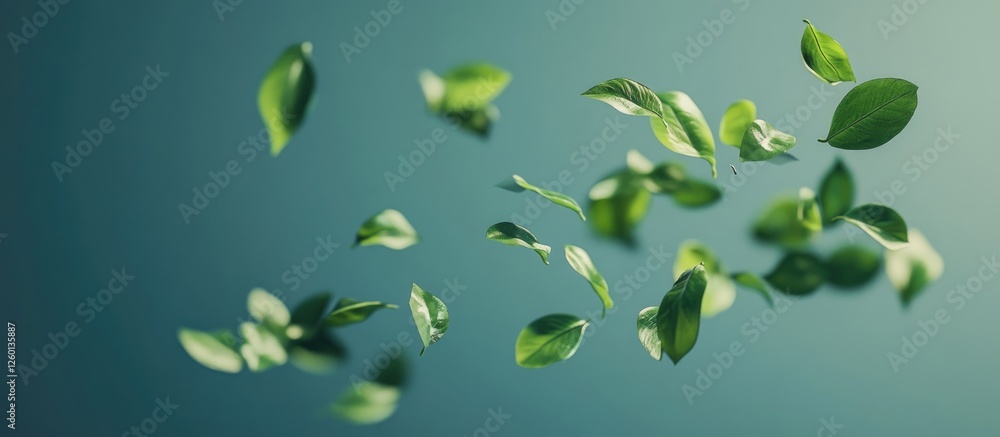 Poster green leaves gracefully floating against a soft teal background with a blurred effect conveying a se