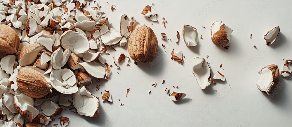 Poster nuts with cracked shells display intricate textures and warm brown hues on a clean white background 