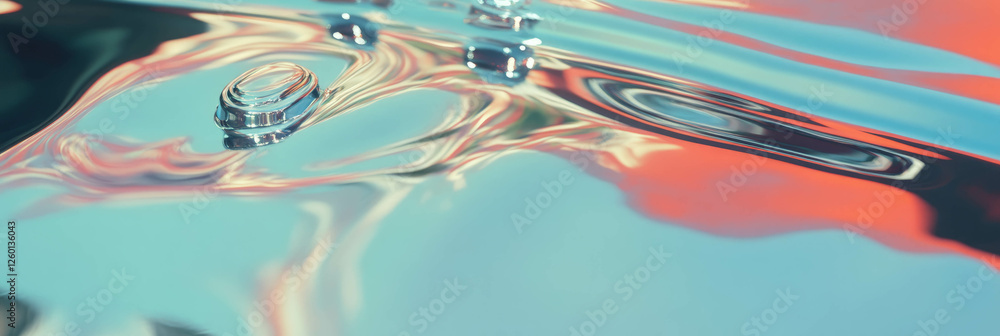 Poster glossy plastic texture displays chrome accents and subtle gradients in water-like surface