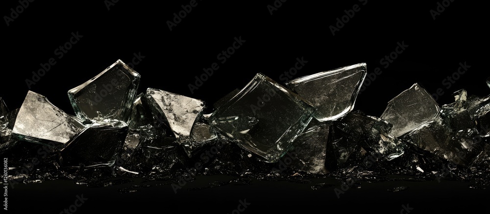 Poster shattered glass fragments in varying sizes and angles on a dark background, showcasing reflective su
