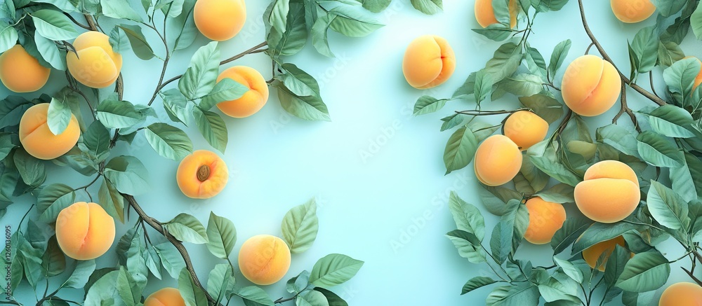 Poster Fresh apricots arranged on a light turquoise background with vibrant green leaves creating a natural and appetizing frame for summer freshness.