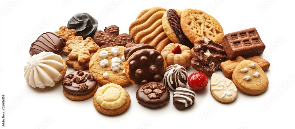 Poster assorted gourmet cookies arranged artfully on a white background, featuring various shapes and textu