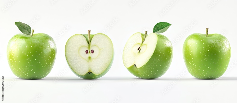 Poster four fresh green apples displayed against a clean white background showcasing vibrant color and text