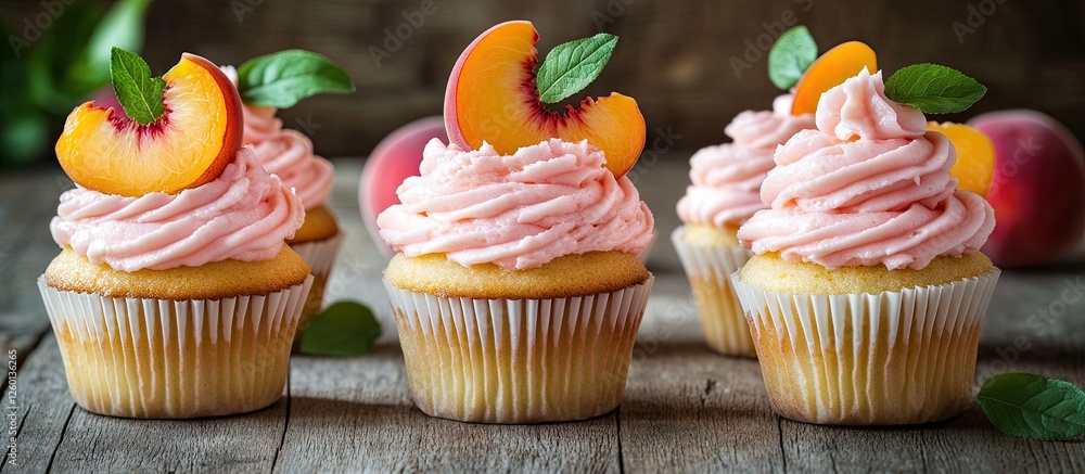Poster cupcakes with peach cream frosting light pink colored icing topped with fresh peach slices and mint 