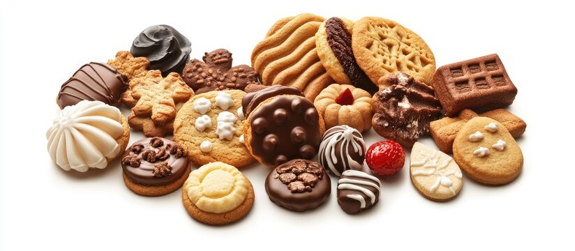 Assorted gourmet cookies arranged artfully on a white background, featuring various shapes and textures in chocolate, cream, and colorful toppings.