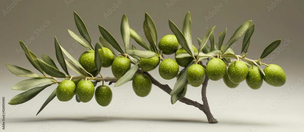 Poster Fresh green olives clustered on a slender branch adorned with lush leaves against a soft gray background creating a serene natural ambiance.