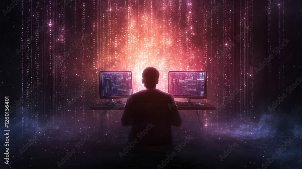 Poster hacker engaging in cyber security breach dimly lit room digital futuristic environment rear view tec